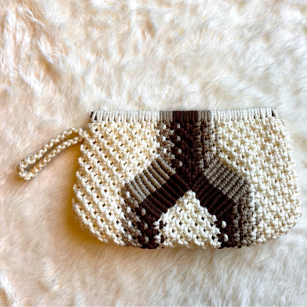 Unbranded Macrame Crochet Brown and White Clutch Pouch with Wire Frame Opening